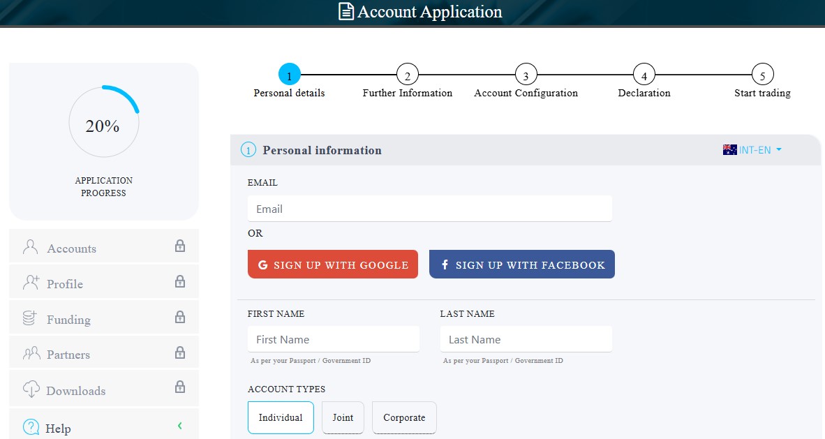 FP Markets registration form